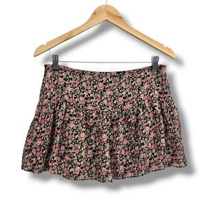 Y2K Curetty Mini Skirt M Black Pink Ditsy Floral Tiered Ruffle Coquette Softgirl